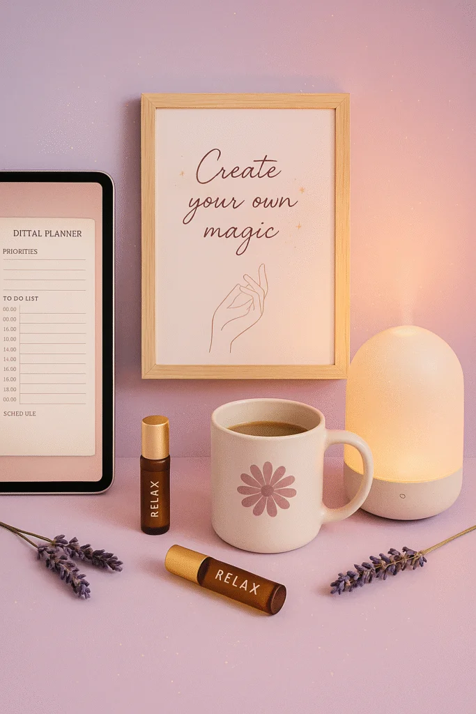 Flat lay with digital tools, mug, lavender, and framed art on pastel background.