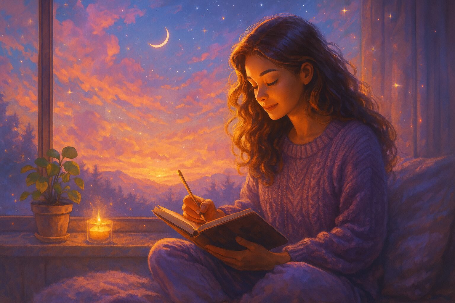 Girl journaling in a magical pastel environment - glow journal